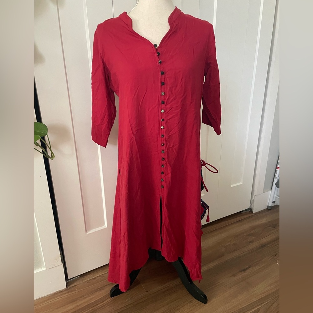 Anthropologie Neeru Kumar red button down long sleeve midi dress Sz small India
